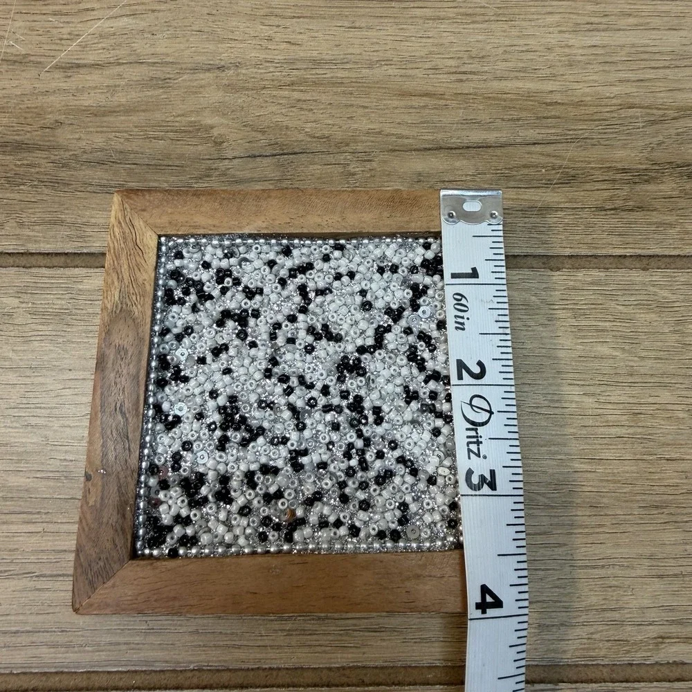 Boho Wooden Square Coasters Black White Glass Bead Mosaic Inlay Set of 4 MCM